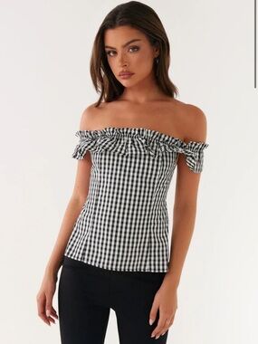 Peppermayo Black & White Gingham Off-Shoulder Ruffle Camisole